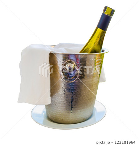 a bottle of wine in an ice bucket a bottle of wine in an ice bucket 122181964