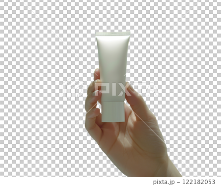 Hand Holding Blank Cosmetic Tube in a Beauty Shop 122182053