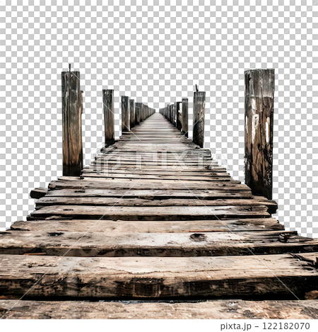 An old wooden pier extends into the water An old wooden pier extends into the water 122182070