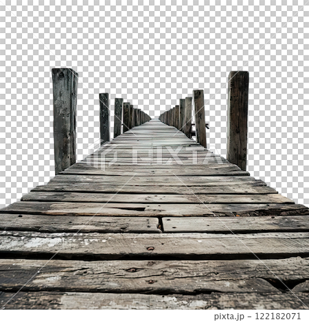 An old wooden pier extends into the water 122182071