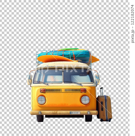 Vintage Van Parked by Tropical Beach with Surfboard Vintage Van Parked by Tropical Beach with Surfboard 122182074