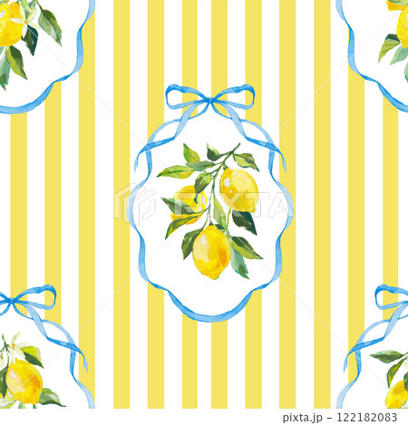 Beautiful vector seamless checkered pattern with bows and lemons. Composition with vintage bows and handmade ribbons. Blue ribbon on a yellow striped background. Beautiful vector seamless checkered pattern with bows and lemons. Composition with vintage bows and handmade ribbons. Blue ribbon on a yellow striped background. 122182083