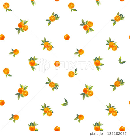Beautiful vector seamless pattern with watercolor fresh oranges with leaves and flowers in sunny Mediterranean style. Ready summer print design for wallpapers, wrappings, textile. Beautiful vector seamless pattern with watercolor fresh oranges with leaves and flowers in sunny Mediterranean style. Ready summer print design for wallpapers, wrappings, textile. 122182085