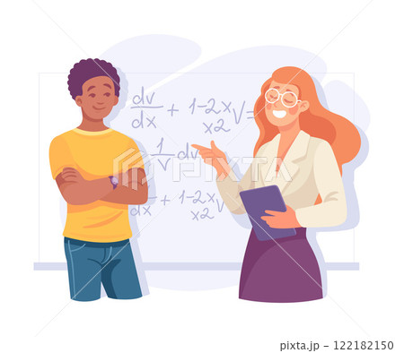 Man Student Character at Blackboard with Woman Teacher at Lesson Vector Illustration Man Student Character at Blackboard with Woman Teacher at Lesson Vector Illustration 122182150