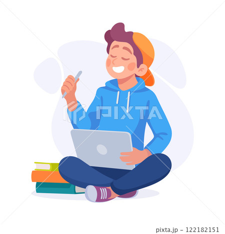 Man Student Character with Book and Laptop Learn Lesson Vector Illustration Man Student Character with Book and Laptop Learn Lesson Vector Illustration 122182151