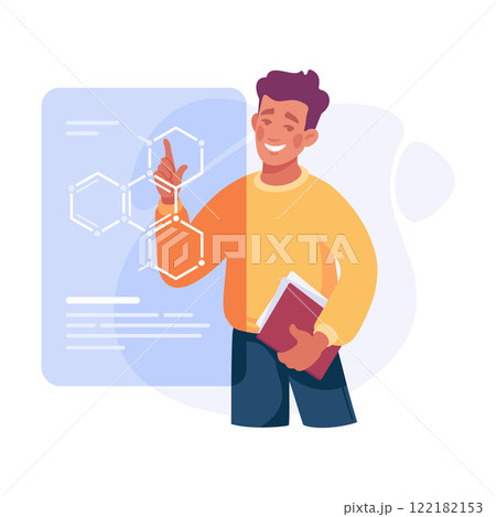 Man Student Character at Interactive Screen with Chemical Formula Vector Illustration 122182153