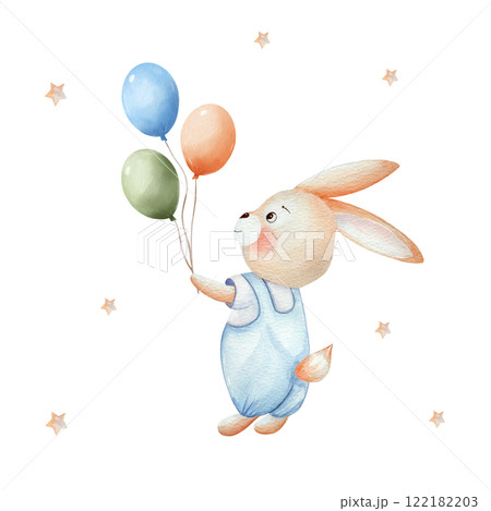 Bunny with balloons. Elements of invitations for baby shower, birthday party. Watercolor set with cute animal, hand drawn, isolated on white background. For invitations, cards, textiles, design. 122182203