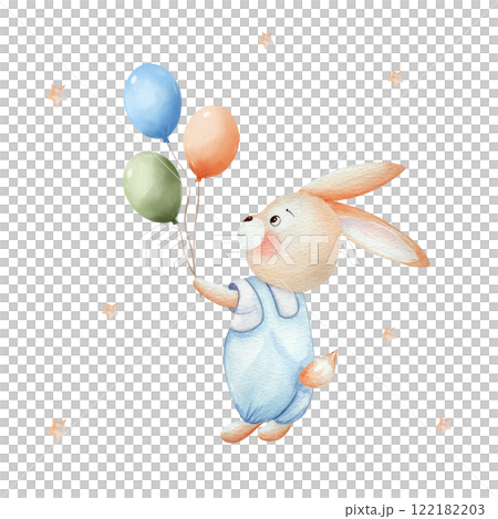 Bunny with balloons. Elements of invitations for baby shower, birthday party. Watercolor set with cute animal, hand drawn, isolated on white background. For invitations, cards, textiles, design. 122182203