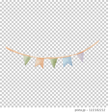 Garland. Watercolor, colorful party garland with triangular and rectangular flags. Multicolored. Hand drawn, isolated on a white background. For holiday decorations, designs, greeting cards. 122182212