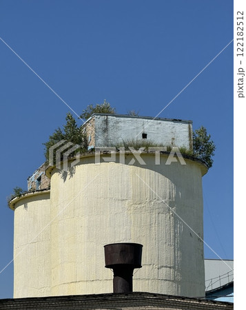 Close-Up View of Weathered Yellow Silos with Overgrowth 122182512