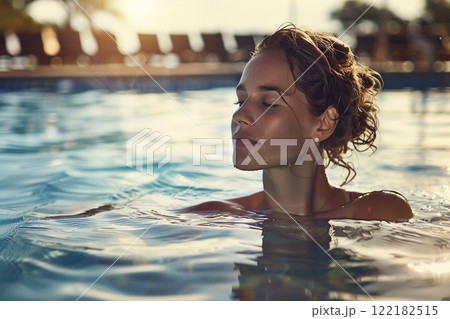 Happy beautiful woman relaxing in swimming pool on holiday vacation resort.Macro.AI Generative. 122182515