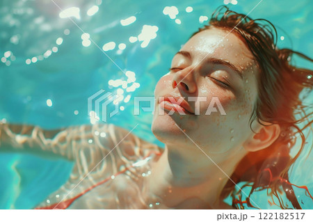 Happy beautiful woman relaxing in swimming pool on holiday vacation resort.Macro.AI Generative. 122182517