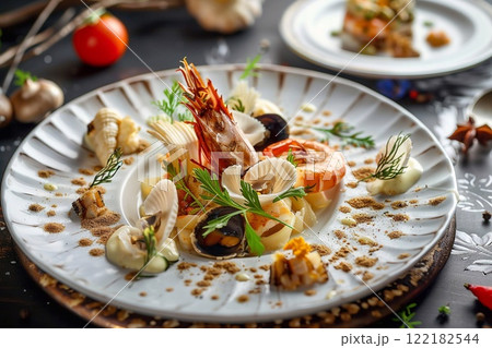 Plate with mix of exotic seafood products in modern luxury restaurant.Macro.AI Generative. 122182544