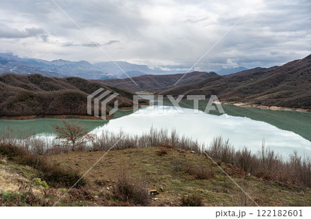 Scenic view over the Gamti mountains and Bovilla lake, Albania Scenic view over the Gamti mountains and Bovilla lake, Albania 122182601