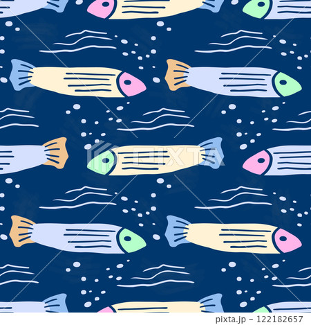Seamless pattern with sea fish, abstract ornament with blue background. A set of hand-painted flat fish in doodle style, bright fish underwater. Textile fashionable print for the nursery. 122182657