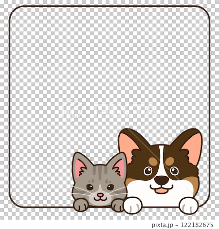 A simple and cute Corgi and tabby cat coming out of a square frame A simple and cute Corgi and tabby cat coming out of a square frame 122182675