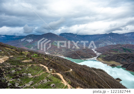 High angle view over the Gamti Mountain and Bovilla lake in Albania 122182744