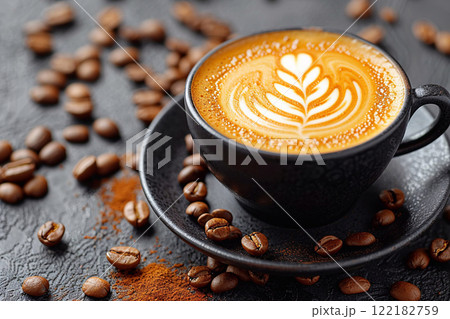 Black cup with hot fresh cappuccino coffee with art on top on black table.Macro.AI Generative. 122182759