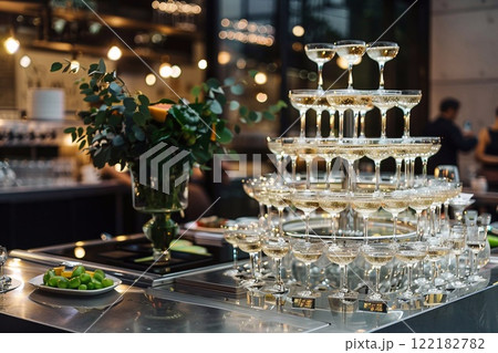 Champagne glasses tower during large celebration with yellow luxury champagne.Macro.AI Generative 122182782