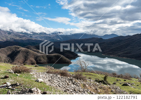 High angle view over the Gamti Mountain and Bovilla lake in Albania High angle view over the Gamti Mountain and Bovilla lake in Albania 122182791