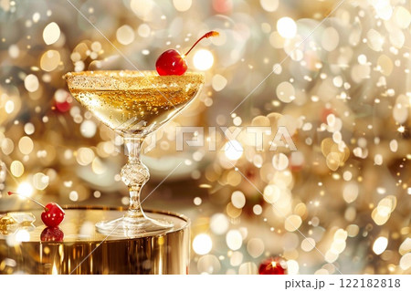 Glass of yellow champagne with cocktail cherry on golden table background.Macro.AI Generative. 122182818