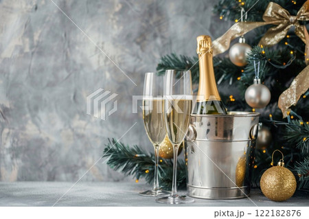 Champagne bottle in ice bucket with two glasses with new year golden.Macro.AI Generative. Champagne bottle in ice bucket with two glasses with new year golden.Macro.AI Generative. 122182876