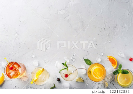 Colorful summer tropical and exotic cocktail glasses on light sunny background.AI Generative. 122182882