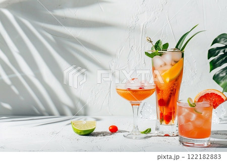 Colorful summer tropical and exotic cocktail glasses with palm shadow on light.AI Generative. 122182883