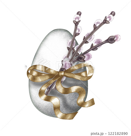 Easter egg decorated with a golden ribbon bow and willow twigs. A hand-drawn watercolor illustration. Highlight it. For making greeting cards and invitations for Easter. For packaging, labels, posters Easter egg decorated with a golden ribbon bow and willow twigs. A hand-drawn watercolor illustration. Highlight it. For making greeting cards and invitations for Easter. For packaging, labels, posters 122182890