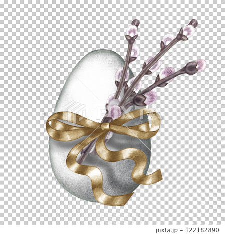 Easter egg decorated with a golden ribbon bow and willow twigs. A hand-drawn watercolor illustration. Highlight it. For making greeting cards and invitations for Easter. For packaging, labels, posters Easter egg decorated with a golden ribbon bow and willow twigs. A hand-drawn watercolor illustration. Highlight it. For making greeting cards and invitations for Easter. For packaging, labels, posters 122182890