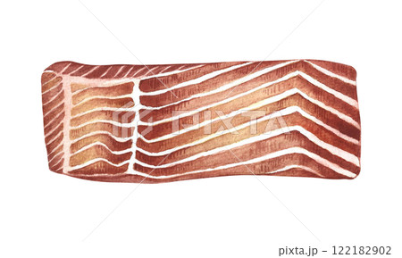 A butchered piece of red fish fillet. A hand-drawn watercolor illustration. Color image of seafood. Separate from the background. Perfect for menus, recipe books, packages, labels, and more. A butchered piece of red fish fillet. A hand-drawn watercolor illustration. Color image of seafood. Separate from the background. Perfect for menus, recipe books, packages, labels, and more. 122182902