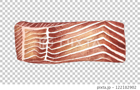A butchered piece of red fish fillet. A hand-drawn watercolor illustration. Color image of seafood. Separate from the background. Perfect for menus, recipe books, packages, labels, and more. 122182902