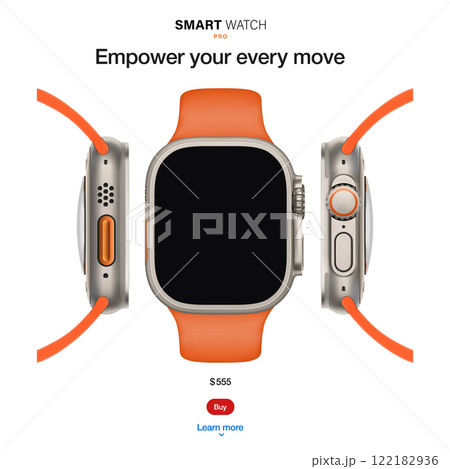 smart watch in a titanium case with a silicone band and black screen, isolated on a white background. silver wrist clock with a sporty orange strap in realistic style. vector illustration smart watch in a titanium case with a silicone band and black screen, isolated on a white background. silver wrist clock with a sporty orange strap in realistic style. vector illustration 122182936