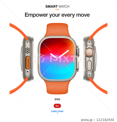 smart watch in a titanium case with a silicone band, front and side views, isolated on a white background.  silver wrist clock with a sporty orange strap in realistic style. vector illustration 122182938