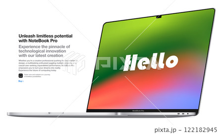 frameless silver laptop with a colored screen, isolated on a white background. realistic mockup of a new notebook with shadow. vector 3d isometric illustration 122182945
