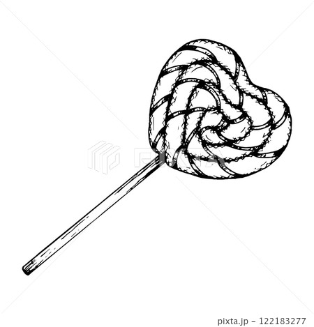 Black and white illustration of a heart-shaped twisted lollipop, drawn in a sketch style. Ideal for Valentine s Day, confectionery branding, bakery design. Great for cards, labels, or menus Black and white illustration of a heart-shaped twisted lollipop, drawn in a sketch style. Ideal for Valentine s Day, confectionery branding, bakery design. Great for cards, labels, or menus 122183277