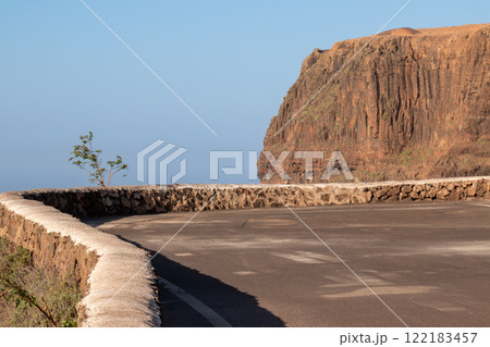 Stone fence and a mountain, Lanzarote, Spain 122183457