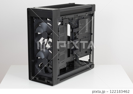 Side view of PC case, chassis, without upper , front, right metal panel and glass left panel. Two extra-thick 200 x 38 mm front fans . Chassis supports up to four HDDs or up to eight SATA SSDs. Side view of PC case, chassis, without upper , front, right metal panel and glass left panel. Two extra-thick 200 x 38 mm front fans . Chassis supports up to four HDDs or up to eight SATA SSDs. 122183462