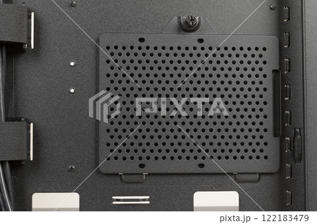 Side view of empty  big tower, PC case, chassis, without  right  metal panel . Place for  3,5 HDDs . 122183479