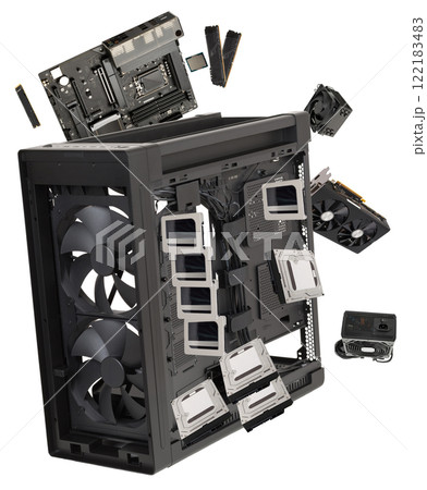 Main components of computer,  studio shoot parts for building desktop PC isolated on white background. 122183483