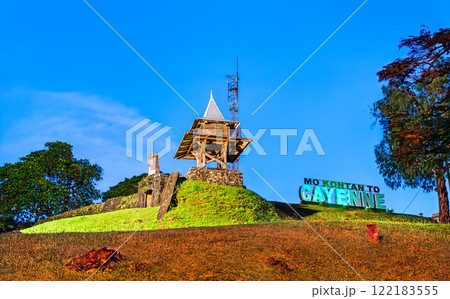 Fort Ceperou and a sign Mo kontan to Cayenne meaning I love Cayenne in French Guianese Creole. French Guiana, South America 122183555