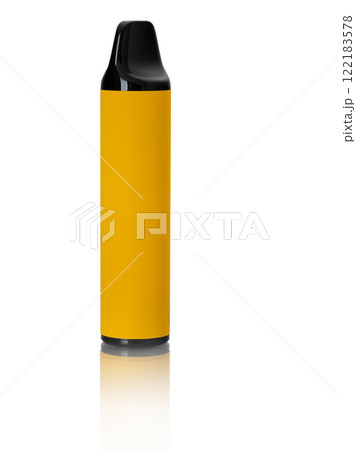 Colored disposable yellow electronic cigarette isolated on white background. Vaping concept Colored disposable yellow electronic cigarette isolated on white background. Vaping concept 122183578
