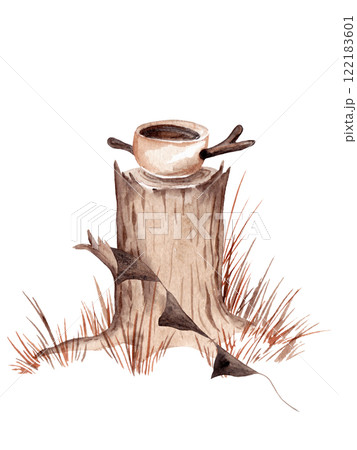 Cast iron pot of soup on a dry tree stump decorated with fabric flags. Autumn in a fairytale forest. Isolated watercolor illustration for your design Cast iron pot of soup on a dry tree stump decorated with fabric flags. Autumn in a fairytale forest. Isolated watercolor illustration for your design 122183601