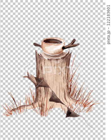 Cast iron pot of soup on a dry tree stump decorated with fabric flags. Autumn in a fairytale forest. Isolated watercolor illustration for your design 122183601