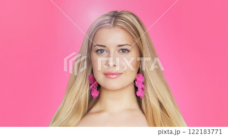 Woman, beauty and elegance, blonde with glamour and pink earrings. Beautiful feminine model, confidence, charm and sophistication, portrait with soft makeup and radiant smile portrait Woman, beauty and elegance, blonde with glamour and pink earrings. Beautiful feminine model, confidence, charm and sophistication, portrait with soft makeup and radiant smile portrait 122183771