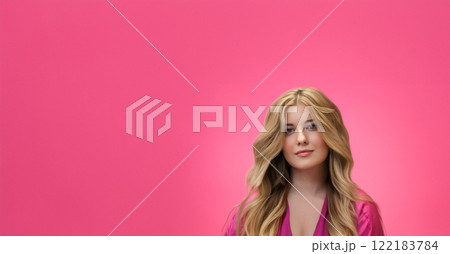 Woman, pink background, beauty and glamour. Blonde beautiful woman, soft curls and glowing skin, fashion and elegance idea Woman, pink background, beauty and glamour. Blonde beautiful woman, soft curls and glowing skin, fashion and elegance idea 122183784