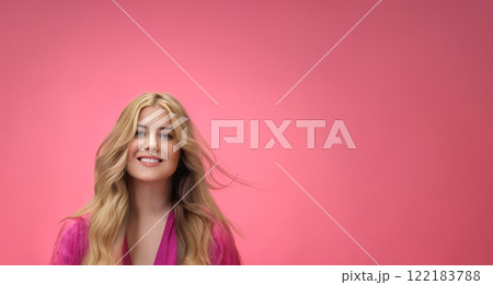 Woman, pink background, beauty and glamour. Blonde beautiful woman, soft curls and glowing skin, fashion and elegance idea 122183788