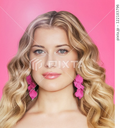 Woman, beauty and elegance, blonde with glamour curls and pink earrings. Beautiful feminine model, confidence, charm and sophistication, portrait with soft makeup and radiant smile portrait 122183796