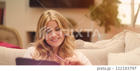 Woman, pen and tablet, creativity and focus on ideas. Blonde beautiful woman, elegance and inspiration at home, working on designs and digital projects with style concept Woman, pen and tablet, creativity and focus on ideas. Blonde beautiful woman, elegance and inspiration at home, working on designs and digital projects with style concept 122183797