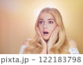 Woman, beauty and surprise, skincare routine and facial expression of amazement. Blonde beautiful woman, glamour, elegance and cosmetic glow, portrait and joyful expression of wonder idea 122183798